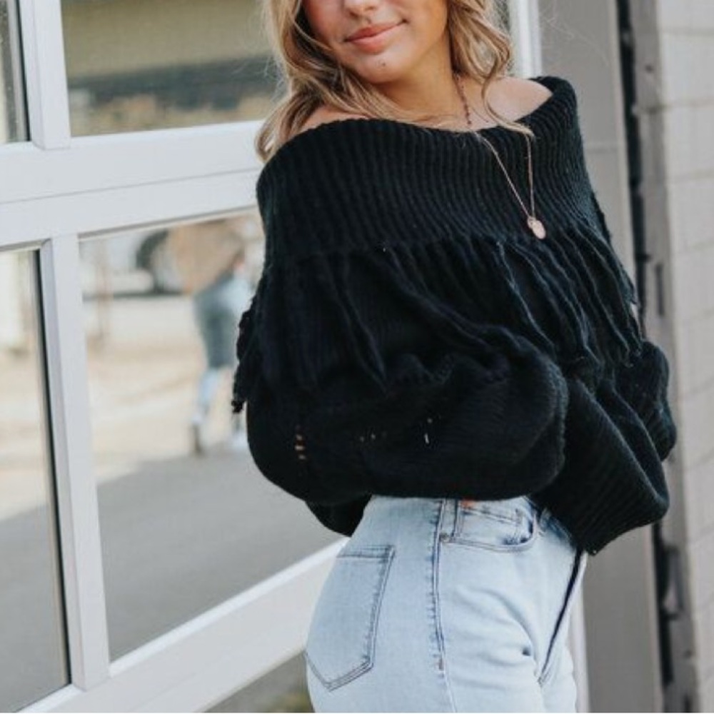 New Black Knit Fringe Women’s Sweater